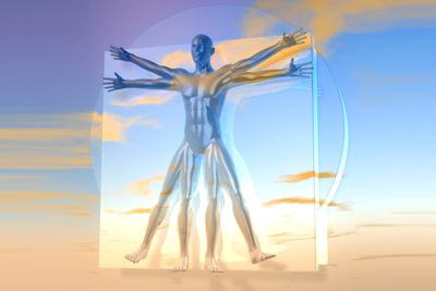 Leonardo Da Vincis vitruvianischer Mensch, Homo Quadratus über Himmel, 3D-Rendering im Hintergrund - © 123rf.com / omnimages