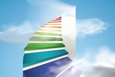Bunte Treppe windet sich durch einen blauen Himmel mit Wolken zu einer Tür zum Himmel - © 123rf.com / captainvector